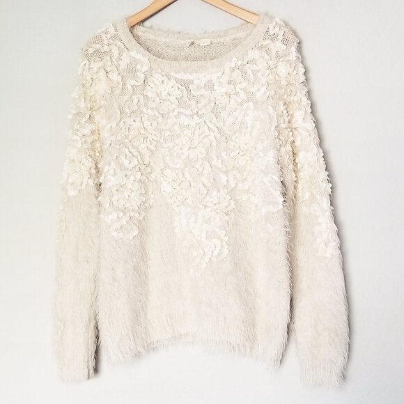 Anthropologie Moth Audrette Eyelash Sweater Pullover 3D Floral Applique Cream L - Picture 6 of 16